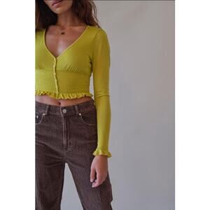 Urban Outfitters Chartreuse Bayside Smocked Button-front Cropped Blouse S